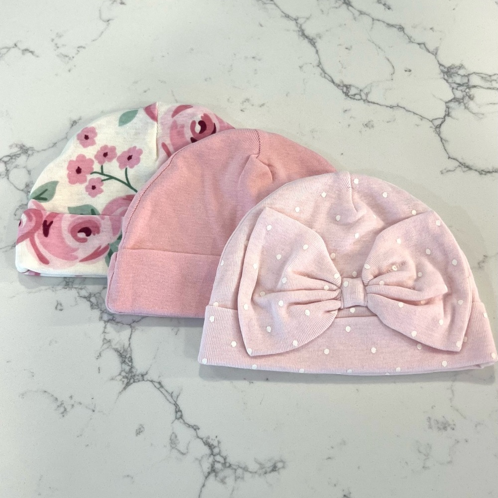 Three NWOT Gerber Baby Hats Pink size 0-6 Months